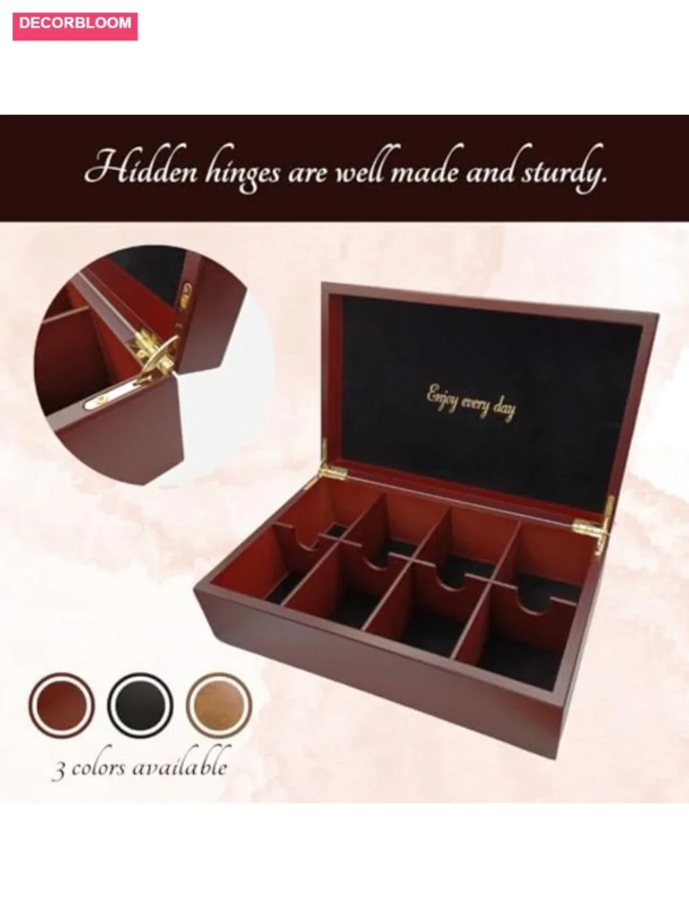 Wooden Tea Box - 8-Compartment Tea Organizer with Removable Dividers